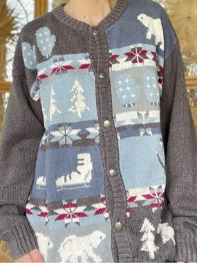 Vintage Northern Reflections Gray Knit Winter Polar Bear Cottage Cardigan XL